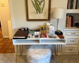 Desk, Stool, Lamp, Office supplies