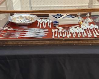 Sterling Silver Flatware, Bowl and Candlesticks, Swarovski Ornaments
