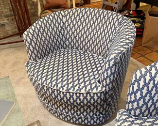 Blue and White Barrell Swivel Chair