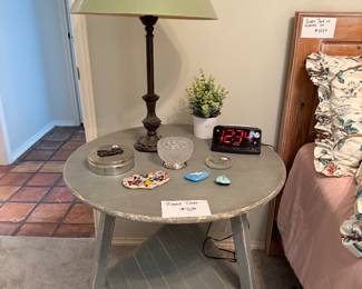 Round Wood Table, Lamp, Clock, Decor