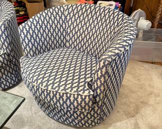 Blue and White Barrell Swivel Chair