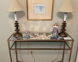 Console Table, Lamps, Doll, Crosses