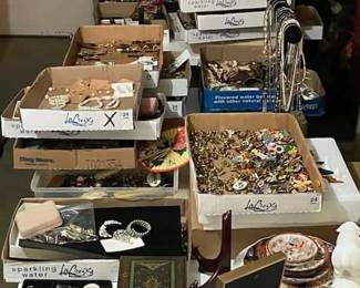 Huge assortment of costume jewelry and vintage boxes, art, and vases
