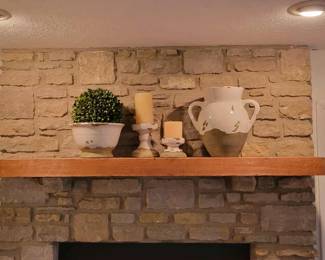 Secondhand Pottery Barn white weathered vases with fake shrub and candle stick set with candles 