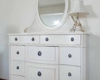 French provincial style white carved wood girl’s bedroom set vanity with drawers