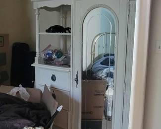 French provincial style white carved wood girl’s bedroom set mirror, drawers, and shelves dresser