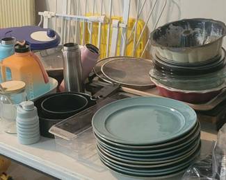 Assorted Pottery Barn dish set, cooking sets, baking supplies, kitchenware