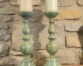 Secondhand Pottery Barn sea green weathered candle stick set with candles