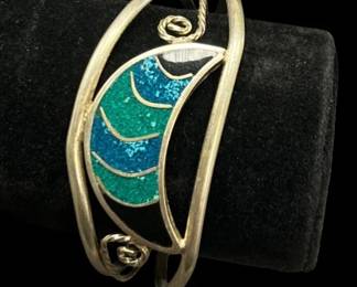 Mexican Silver Cuff Bracelet with Blue Toned Moon