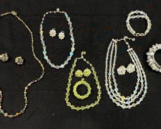 Vintage Crystal Costume Jewelry, Matching Necklaces, Earrings, Bracelets 