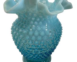 Blue Opalescent Hobnail Ruffled Vase 
