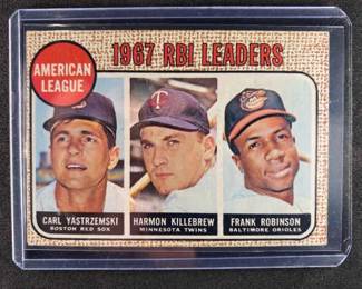 1968 Topps Baseball Card. AL RBI Leaders 4. Yastrzemski, Killebrew, Robinson.