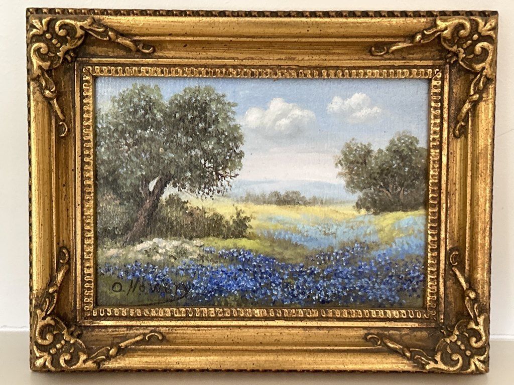 Texas Bluebonnets Original Oil Paining by O Howery in Ornate Gilt Gold Frame