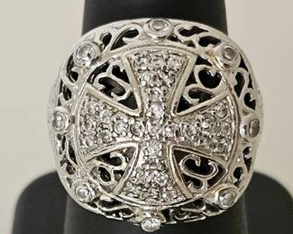 925 Silver Filigree Cross Ring, Size 7.5