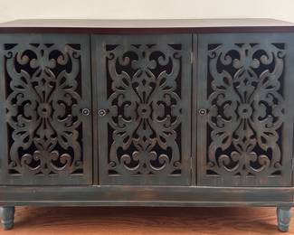 Dark Green Cabinet w/ Open Scroll Doors & Wood Top