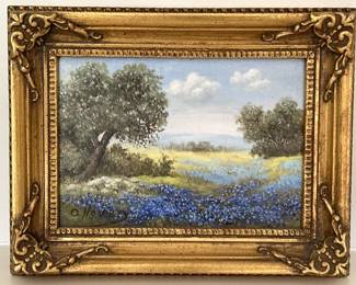 Texas Bluebonnets Original Oil Paining by O Howery in Ornate Gilt Gold Frame