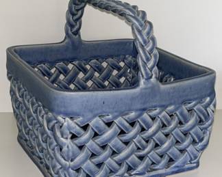 Blue Ceramic Woven Basket with Handle, 1/2