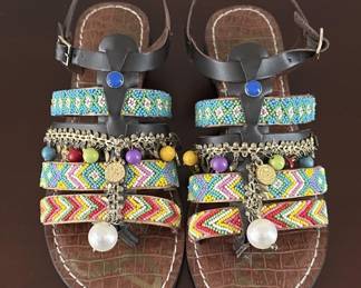 Colorful Southwestern Style Beaded Sandals, Sz 7.5