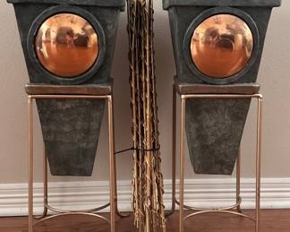 (2) Planters w/ Copper Spheres, Brass Stands, & Golden Rods