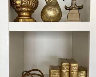 Vintage Gilt Gold / Brass Decor: Artichoke Finial,
Fleur de Lis, Faux Books, Pear, Armillary Sphere