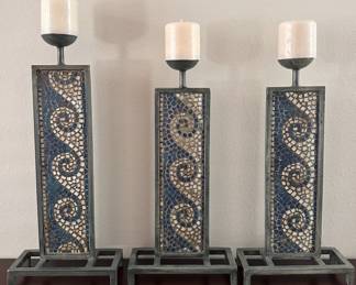 Trio Mosaic Tile Pillar Candle Stands w/ Candles