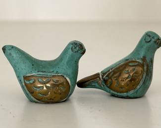 2-Solid Brass w/ Turquoise Glaze Bird Figurines