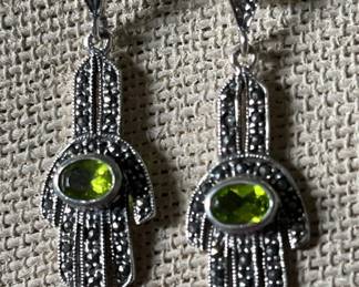 Sterling Silver w/ Peridot, Marcasite Earrings