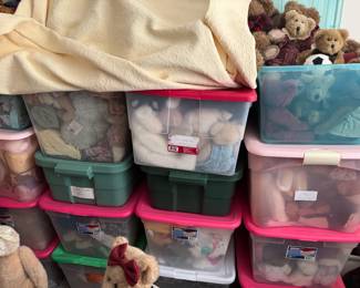 16 bins filled with Boyds bears and other designer bears 