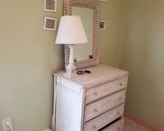 4-drawer dresser; wicker mirror