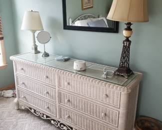 6-drawer wicker dresser with glass top; mirror; table lamps