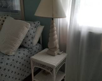 Wicker end table; shell table lamp