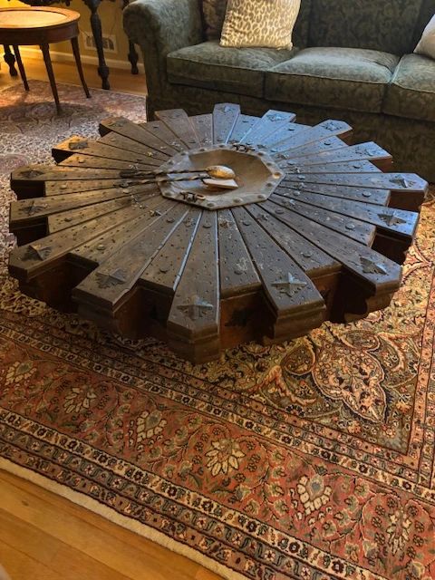 Unique Spanish Vintage Rustic Wagon Wheel Coffee Table