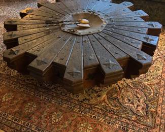 Unique Spanish Vintage Rustic Wagon Wheel Coffee Table