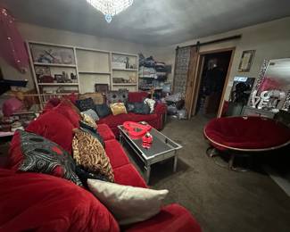 Red Velvet Sectional 114 “ long tons of pillows $395