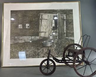 Lot 381 - Vintage Barn Door Art Print & Metal Buggy Decor