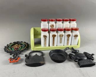 Lot 362 - Griffith’s Milk Glass Spice Rack & Cast Iron Decor