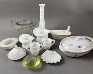 Lot 358 - Vtg Milk Glass Top Hats, Italian Shell Tray & More