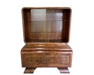 German burled wood Art Deco cabinet with rounded glass doors
