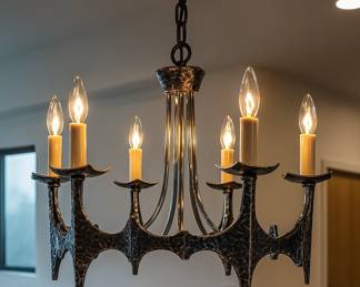 Rare MCM Brutalist hammered silver tone chandelier by Moe Lighting