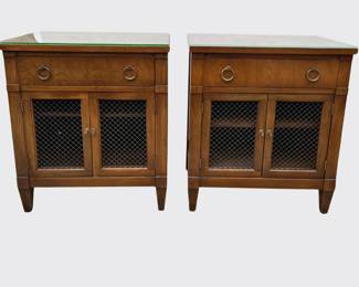 Pair of MCM cherrywood stands with wire doors