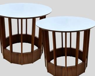 Pair of Hickory Chair round tables with laminate white tops