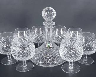 Waterford Silver Queen Crystal Decanter And Brandy Glasses