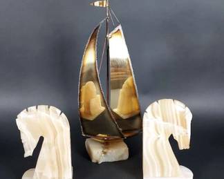 Onyx Horse Bookends And Metal Sailboat Sculpture