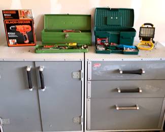 Two Rolling Coleman Tool Chests, Contents, Black and Decker Drill