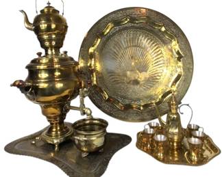 Brass Samovar Set With Peacock Etched Platter and Middle East Tea Set