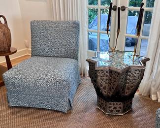 Custom slipper chairs - a pair. A Moroccan Taborette table.