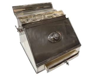 Silver inkwell & document box.