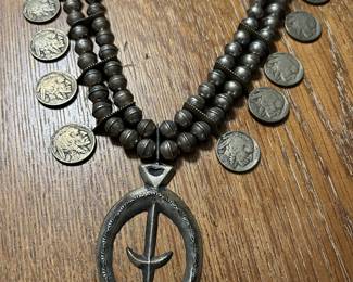 1970s Native American Squash Blossom and Indian head nickels necklace