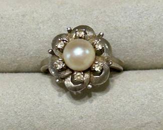 white gold pearl and white sapphire vintage ring