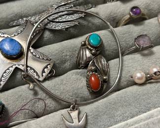 Slifka cross, James Avery hook bangle with dove charm, Navajo coral and turquoise ring